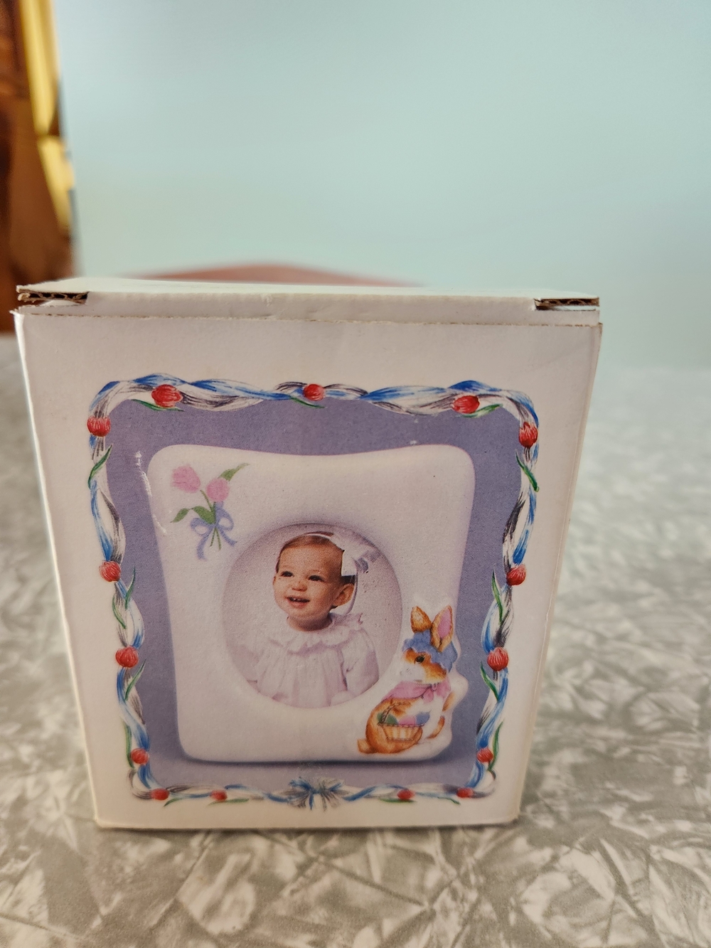 Classic White Ceramic Baby Picture Frame with Lavender Accent
